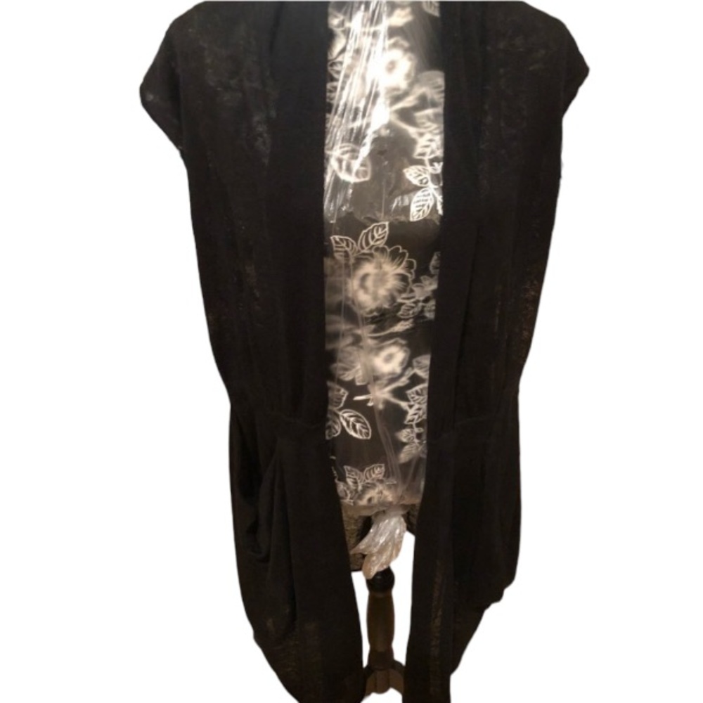 White & Warren  medium black linen blend sweater vest drawstring tie at waist